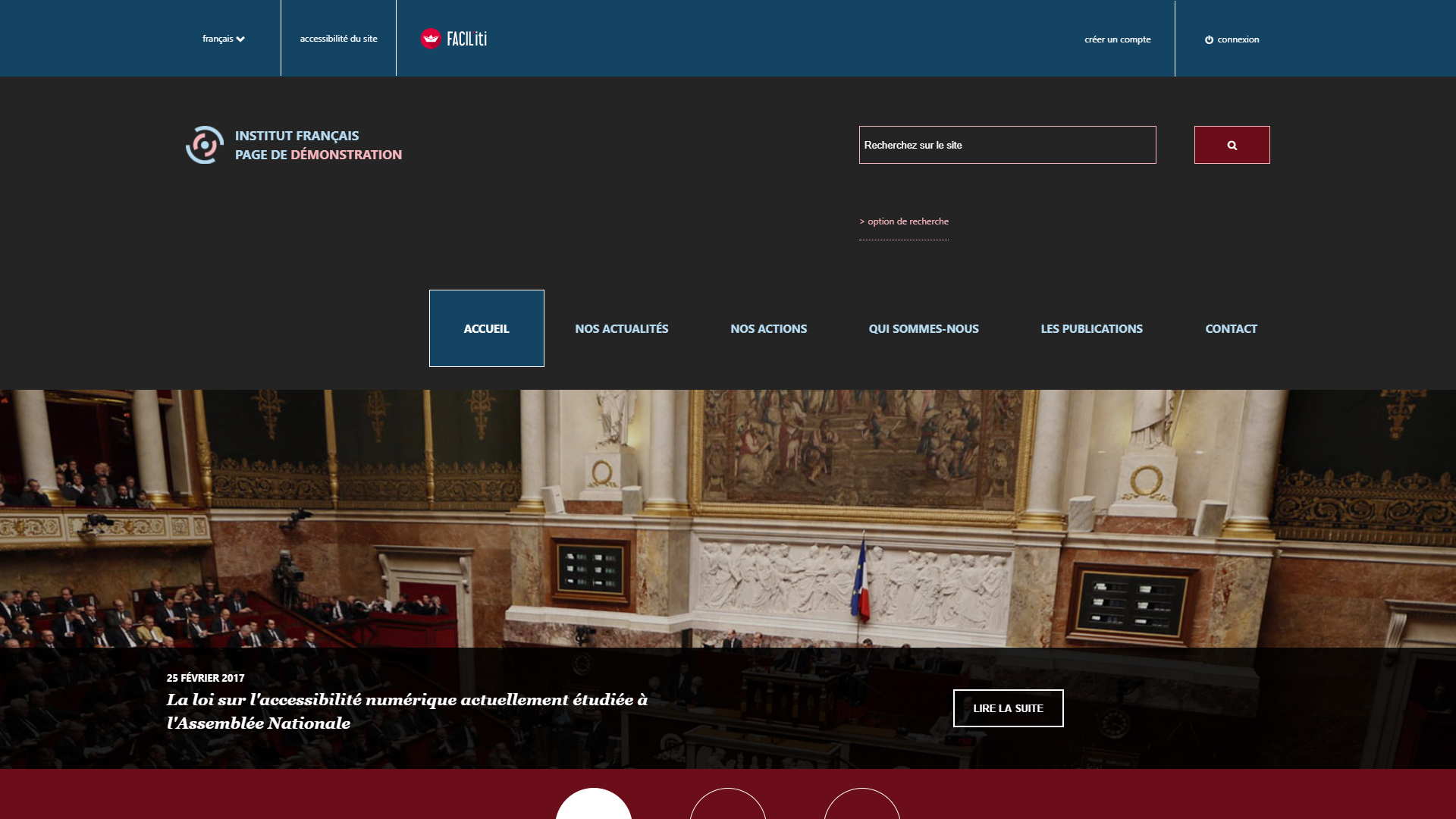 Une page d'accueil d'un site de démonstration avec FACIL'iti activé pour la pathologie maladie de Wilson