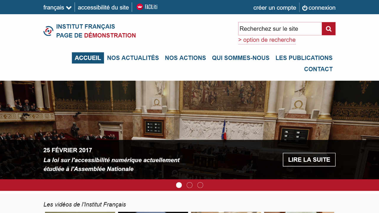 Une page d'accueil d'un site de démonstration avec FACIL'iti activé pour la pathologie Malvoyance