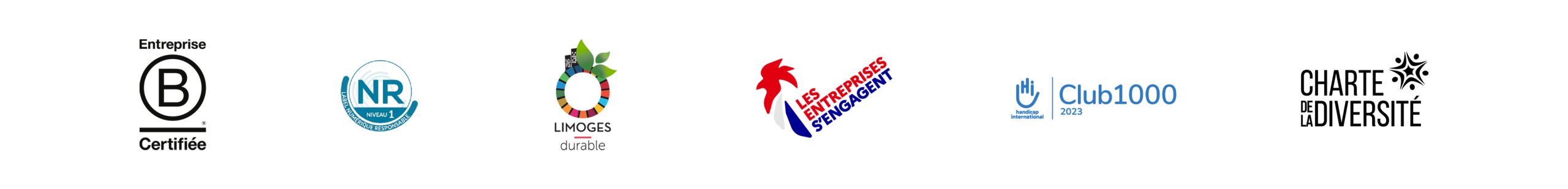 FACIL'iti est certifiée B-Corp, Numérique Responsable niveau 1, Limoges Durable, labellisé Les entreprises s'engagent, membre du Club 1000 et signataire de la Charte de la Diversité